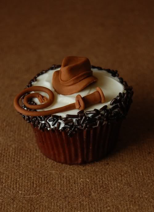 Indiana Jones hat and whip on cupcakes